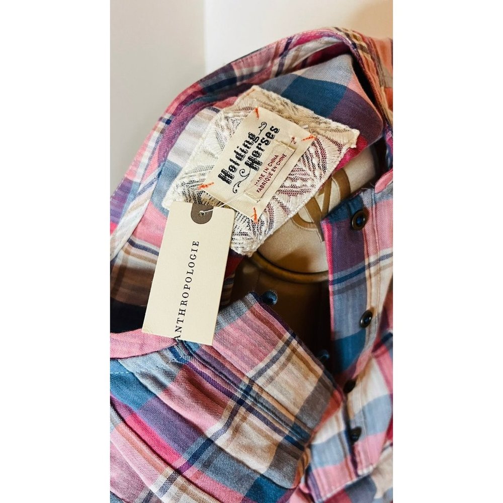 NWT Anthropologie Holding Horses Plaid Tunic Size 2 Pink Roses - Picture 6 of 7